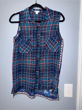 Xhilaration Navy, Teal & Burgundy Plaid Top Boho Style